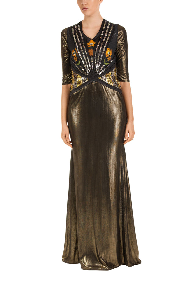 Amber Gold Three-Quarter Sleeve Maxi Dress