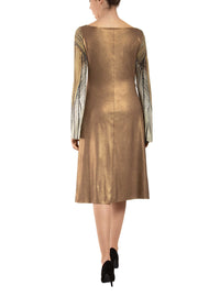 Golden Leaf Bell Sleeve Knotted Midi Dress
