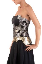 Shiny Skin - Strapless Silver Gold Leather Detail Top