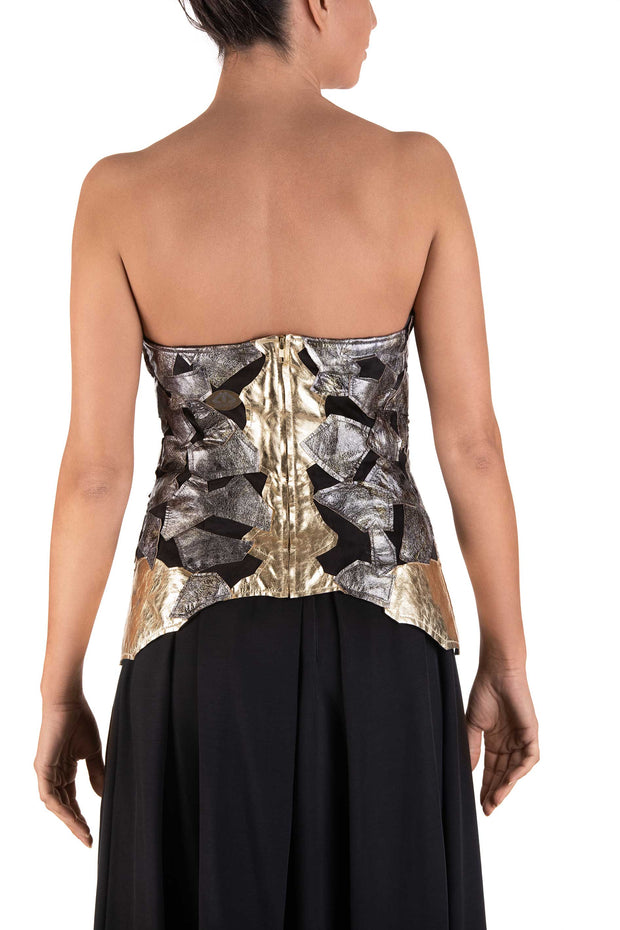 Shiny Skin - Strapless Silver Gold Leather Detail Top