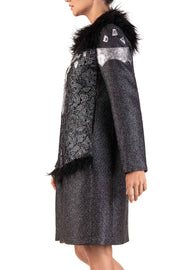 Silver Cosmo - Black Faux Fur and Floral Lace Detail Coat